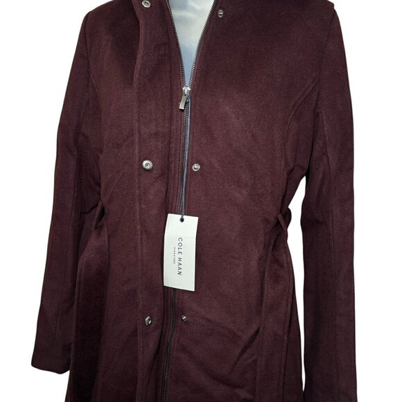 NWT Cole Haan Women's Hooded Coat Slick Wool Detatchable Faux Fur Trim- Women 8 - Picture 10 of 13